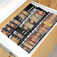 1 x RAW Customer Returns TXErfolg spice rack for drawers spice drawer insert black with sticker spice organizer made of aluminum adjustable width 32-62cm length 14-44cm spice racks for different drawers - RRP €36.04