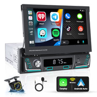 1 x RAW Customer Returns Hikity Din 1 Car Radio Wireless Carplay with 7 Inch Manual Retractable Display Android Auto Mirror Link for Android iOS, Car Radio Touch Display with BT FM USB SWC TF Mic CAM - RRP €119.99