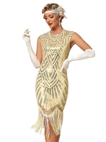 1 x RAW Customer Returns VILOREE Women s Dress Full Sequins 20s Style Round Neck Inspired by Great Gatsby Costume Dress Beige 2XL - RRP €49.07