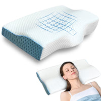 1 x RAW Customer Returns ZHOOGE Memory Foam Pillow, Neck Pillow Orthopedic Sleeping Pillow, Removable Ergonomic Neck Pillow, Relieves Head, Shoulder and Neck Pain, White Blue, 60 34 11 6 cm - RRP €25.21