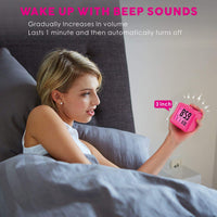 1 x RAW Customer Returns Plumeet Digital Travel Alarm Clock, Easy to Set, with Snooze Mode, Soft Night Light, Large Time, Month, Date and Alarm Display, Rising Sound Alarm Pink  - RRP €18.04