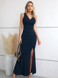 1 x RAW Customer Returns Laughido Women s Long Cocktail Dress Party Dress Summer Festive Elegant Bodycon Long Dress Navy Blue Medium - RRP €48.4