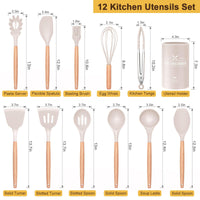 1 x RAW Customer Returns 12 Piece Kitchen Utensil Set, Silicone Kitchen Utensil Set, Non-Stick Heat-Resistant Wooden Handle Cooking Cutlery with Utensil Holder, Silicone Spatula Cookware Set, Dishwasher Safe Khaki  - RRP €21.99