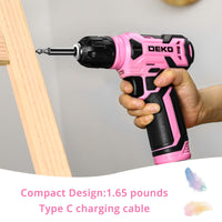 1 x RAW Customer Returns DEKO 8V Cordless Drill, Drill Bit Set with 3 8 Keyless Chuck, 42pcs Accessories, Built-in LED, Type-C Charging Cable, Pink Drill for Drilling and Tightening Loosening Screws - RRP €29.23