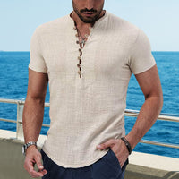 1 x RAW Customer Returns NIBESSER Men s V-Neck Shirt Short Sleeve Cotton Linen Shirt with Buttons Casual Shirts for Men Casual Regular Fit Summer Shirt Khaki XL  - RRP €21.62