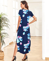 3 x Brand New AUSELILY Women s Summer Maxi Dress Short Sleeve Summer Dress Casual Dress Long with Slit Beach Dress T-Shirt Dress with Pockets Floral Navy Pink M - RRP €66.72