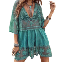 1 x RAW Customer Returns HAIGOU Women s Lace Beach Dress V-Neck Swimsuit Beach Dress Transparent Beach Poncho Bikini Cover-Ups Green - RRP €22.99