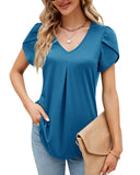 1 x Brand New Women s Summer Casual Short Sleeve Petal T-shirt V-Neck Chic Blouses Pleated Tunics 2023, A-Grey Blue, M - RRP €24.0