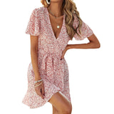 1 x RAW Customer Returns Yeeteepot women s summer dress floral mini dress tunic wrap dress ruffle short knee-length dresses short sleeve V-neck dress A-pink, EU M label L - RRP €19.2