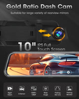 1 x RAW Customer Returns Mirror Dashcam with Rear View Camera Dual 1080P Dashcam Car Front Rear 170 140 Wide Angle Rearview Mirror Dashcam Car Camera with 10 IPS Touch Screen WDR Night Vision Loop Recording G-Sensor 10M Cable - RRP €70.48