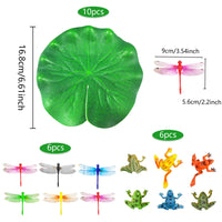 1 x Brand New YUE QIN 22 pieces pond decoration 10 pieces simulation lotus leaf 6 artificial dragonfly and 6 artificial frog for fish vivarium pool pond decoration aquarium - RRP €6.29