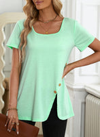 1 x Brand New Dokotoo T-Shirt Women s Summer Short Sleeve Tops Button Down Plain Tunic Casual Loose Blouse Shirts Tops, green, S - RRP €27.6