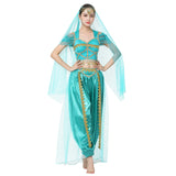 1 x RAW Customer Returns IMEKIS Women s Jasmine Costume Aladdin Princess Cosplay Dress Halloween Dress Up Fancy Carnival Party Outfit Crop Top with Pants Headscarf Arabian Belly Dance Costume Green M - RRP €53.65