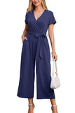 1 x RAW Customer Returns OUGES Jumpsuit Women Summer Elegant Overall Long Playsuit Short Sleeve Casual Trouser Suit with Pockets Navy, XL  - RRP €39.31