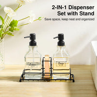 1 x RAW Customer Returns Shinowa Soap Dispenser Set with Iron Stand, 2 Pieces Glass Refillable Pump Dispenser Pump Bottle, Multifunctional Liquid Soap Dispenser Dishwashing Liquid Dispenser with Pump for Bathroom Kitchen, Black - RRP €28.51