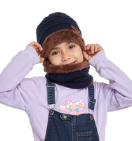 1 x Brand New Winter hat and scarf for children, with knitted hat, warm and circular scarf with molton lining for children, boys and girls size. One size, A-Navy - RRP €27.6