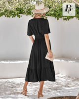 1 x RAW Customer Returns BebreezChic Summer Dress Women Long Boho Elegant Short Sleeve V-Neck High Waist Swiss Dot Ruched Floral Beach Dress Maxi Dress, Black S - RRP €46.99