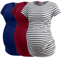 1 x RAW Customer Returns Smallshow Women s Maternity Tops Side Gathered Maternity Tops 3 Pack Navy-White Stripe-Wine Large - RRP €43.99