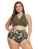 1 x RAW Customer Returns Hanna Nikole Women s Plus Size High Waist Bikini Sets Adjustable Two Piece Olive Green Floral XXL - RRP €46.38