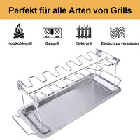 1 x RAW Customer Returns Chicken leg holder for oven grill, stainless steel chicken roaster, chicken holder for 14 legs, chicken leg holder with drip tray, chicken grill stand BBQ rack with BBQ brush - RRP €17.14