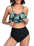 1 x RAW Customer Returns FLYILY Tankini High Waist Women s Two-Piece Bikini Set Swimsuit Ruffle Printed Swimwear with High Waist Bikini Bottoms Tankini Top Beach Wear 1-BigLeaf, L  - RRP €28.99