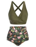 1 x RAW Customer Returns Hanna Nikole Women s Plus Size High Waist Bikini Sets Adjustable Two Piece Olive Green Floral XXL - RRP €46.38