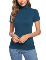 1 x RAW Customer Returns Totatuit Women s Turtleneck Short Sleeves Elegant Turtleneck Sweater Basic T-Shirt High Neck Casual Stretch Top Spring Blue L - RRP €20.16