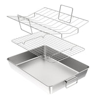 1 x RAW Customer Returns 41cm super large grill and casserole dish with rack and V-shaped grid, Yoassi stainless steel rectangular grill tray roaster with handles for chicken, robust healthy dishwasher safe, 3-pack - RRP €36.54