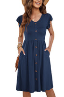 1 x RAW Customer Returns MOLERANI Women Summer Dresses Ruffle Sleeve V-Neck Casual Button-Down Waist Midi Dress with Pockets Plain Navy Blue M - RRP €34.99