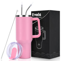 1 x RAW Customer Returns Livole 40oz 1200ml drinking cup with lid and straw, stainless steel thermal mug with handle, double-walled coffee mug to go, vacuum insulated tumbler mug for camping, sports, car, office, pink - RRP €25.2