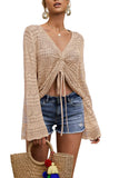 1 x RAW Customer Returns Saodimallsu Women s Boho Off Shoulder Tops Flowy Oversized Long Sleeve Top V-Neck Crochet Sexy Tie Front Ruffle Shirts Apricot - RRP €31.24