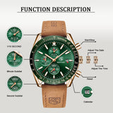 1 x RAW Customer Returns BY BENYAR Men s Business Analogue Chronograph Quartz Watch 30M Waterproof Luminous Date Display Fashionable Casual Watch Sport Multifunction Leather Watch. Gold Green  - RRP €43.99