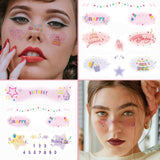 1 x Brand New Qpout 12 Sheets Birthday Face Temporary Tattoos Cute Makeup Face Tattoo Stickers for Women Teen Girls Makeup Dancer Costume Birthday Party - RRP €18.0