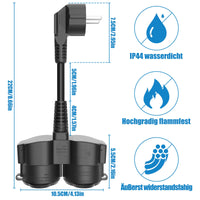 1 x RAW Customer Returns Extension cable with 2 Schuko sockets, 5cm, double plug for socket, 2 protective contact sockets, rubber cable for outdoor use, IP44, 1.5mm , 240V 16A , black - RRP €17.89