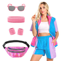 1 x RAW Customer Returns 80s outfit women, 6Pcs 90s costume short sleeve tracksuit women retro, 80s 90s suit with belt bag headband bracelets glasses for carnival party style 2, M  - RRP €22.18