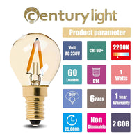 1 x RAW Customer Returns Century Light 6 Pack G40 Edison Vintage Led E14 Light Bulb 1 Watt, 2200K Warm White, Medium Screw E14, Tinted Glass Coating, 60 Lumen Replaces 10 Watt Incandescent Bulbs, CRI 90, No Dimmable - RRP €15.99