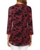 1 x RAW Customer Returns Vafoly Women s Blouses and Tops Dressy, Women s Blouse 3 4 Sleeve Floral Tunic Festive Blouses Women s Elegant Mesh Swing Blouses for Work Loose Fit Flowy Tunics Flocked Dark Red M - RRP €32.99