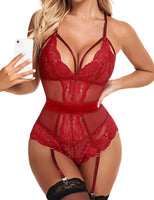 1 x RAW Customer Returns EVELIFE Women s Sexy Lingerie Bodysuit with Garter Lingerie Lace Bodysuit Teddy Strap Lingerie Sleepwear, Wine Red, 36 - RRP €27.6