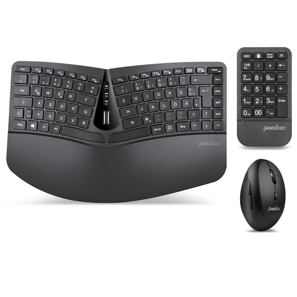 1 x RAW Devoluciones de clientes Perixx PERIDUO-606A, Teclado ergonómico inalámbrico compacto 3 en 1 con ratón vertical y teclado numérico - reposamanos ajustable - rueda inclinable - teclas planas - QWERTZ - PVP 64,76 € – Jobalots Europe