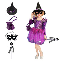 4 x Brand New YAWMLYE Girls Witch Costume Halloween Bat Costume Purple Black Children s Wizard Dress Up Cosplay Costumes - with Dress, Hat Magic Wand, Candy Bag 140cm  - RRP €82.56