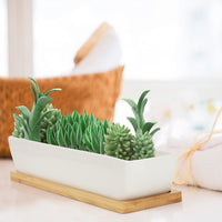 1 x RAW Customer Returns BELLE VOUS Rectangular White Ceramic Decorative Flower Pots with Bamboo Tray Pack of 2 24 x 5.5 x 4 cm - Indoor Outdoor Decorative Flower Pots Pots for Plants at Home, Office, Desk - RRP €25.99