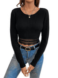 1 x RAW Customer Returns GORGLITTER Women s Crop Shirt Crop Top T-Shirts Lace Top Long Sleeve Tops Slim Pullover Long Sleeve Shirt with Crew Neck Black M - RRP €22.18