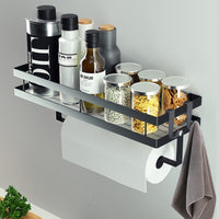 1 x RAW Customer Returns CZKDTT spice rack, kitchen shelf wall without drilling, hanging spice rack with kitchen roll holder and 4 hooks, kitchen organizer drawer, kitchen utensil holder, 35cm black - RRP €20.24