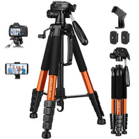 1 x RAW Customer Returns JOILCAN Camera Tripod, 187cm Aluminum Lightweight Tripod for Canon Nikon DSLR with Detachable 3-Way Head, Portable Smartphone Tripod Photo Tripod Load Capacity 5KG with Phone Holder Orange  - RRP €41.58