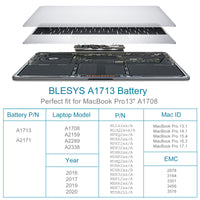 1 x RAW Customer Returns BLESYS A1713 Battery A2171 Laptop Replacement Battery for MacBook Pro 13-inch A1708 Late 2016, Mid 2017 A2159 2019 A2289 A2338 2020 11.4V 4781mAh  - RRP €58.88