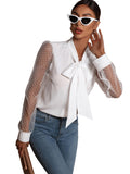 1 x RAW Customer Returns GORGLITTER women s blouses elegant tunic with mesh sleeves chiffon blouse shirt long sleeve top blouse with bow white S - RRP €31.99