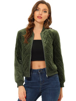 1 x RAW Customer Returns Allegra K Women s Zip Up Velvet Quilted Bomber Jacket with Pockets Green L - RRP €66.46