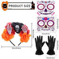 18 x Brand New Lets Joy Halloween Day of the Dead Headband, Headband Rose Headband, Day of the Dead Veil Halloween, Skull Headband Rose Headband, Lace Gloves Halloween Temporary Face Tattoos - RRP €143.82