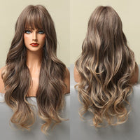 1 x Brand New Ombre Brown Long Wavy Synthetic Wig with Bangs for Women Natural Looking Heat Resistant Hair for Daily Party Wear 61CM - RRP €23.59