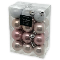 37 x Brand New Christmas decoration - Mini unbreakable plastic Christmas baubles - Suitable for outdoors - Glitter, matte and shiny - Assorted balls 30 mm, white pink, 24  - RRP €710.4